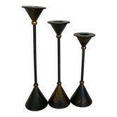 Vintage trio of blue and gold metal candle holders