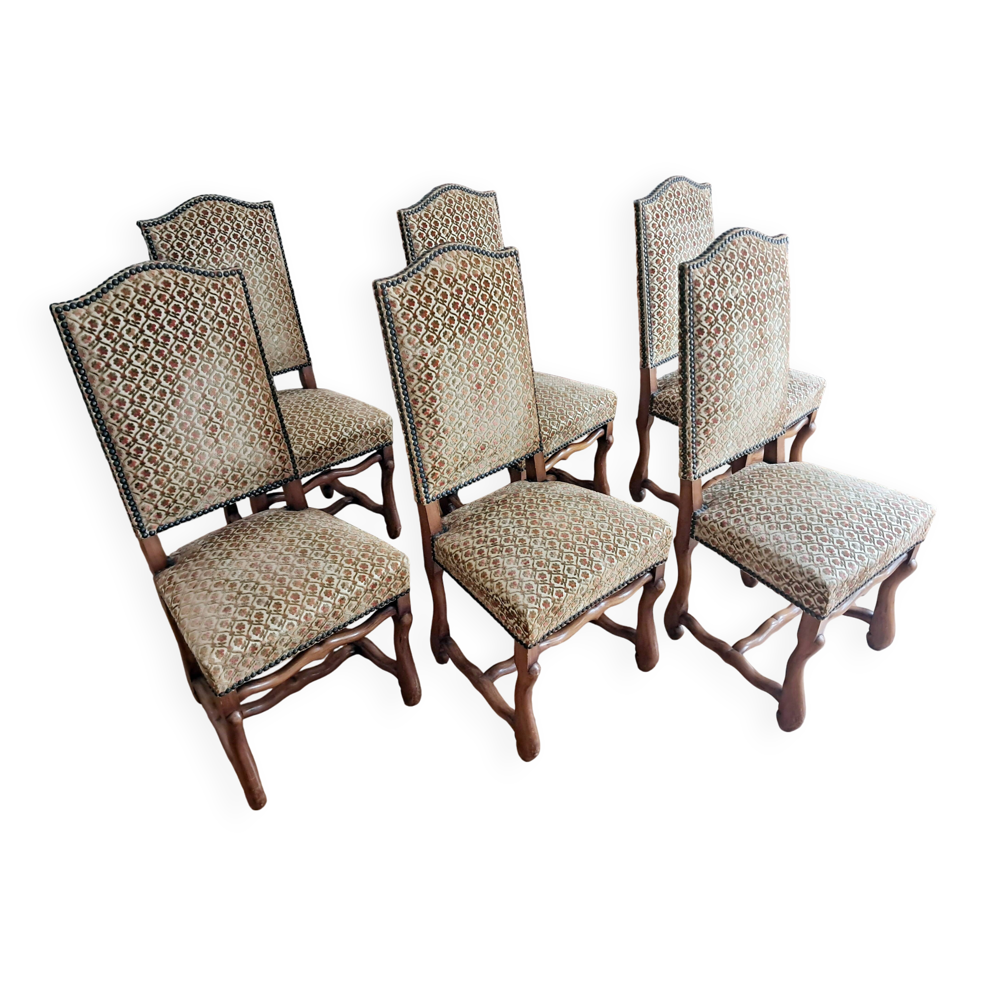 Six French Os De Mouton Style Dining Chairs in Carved Wood