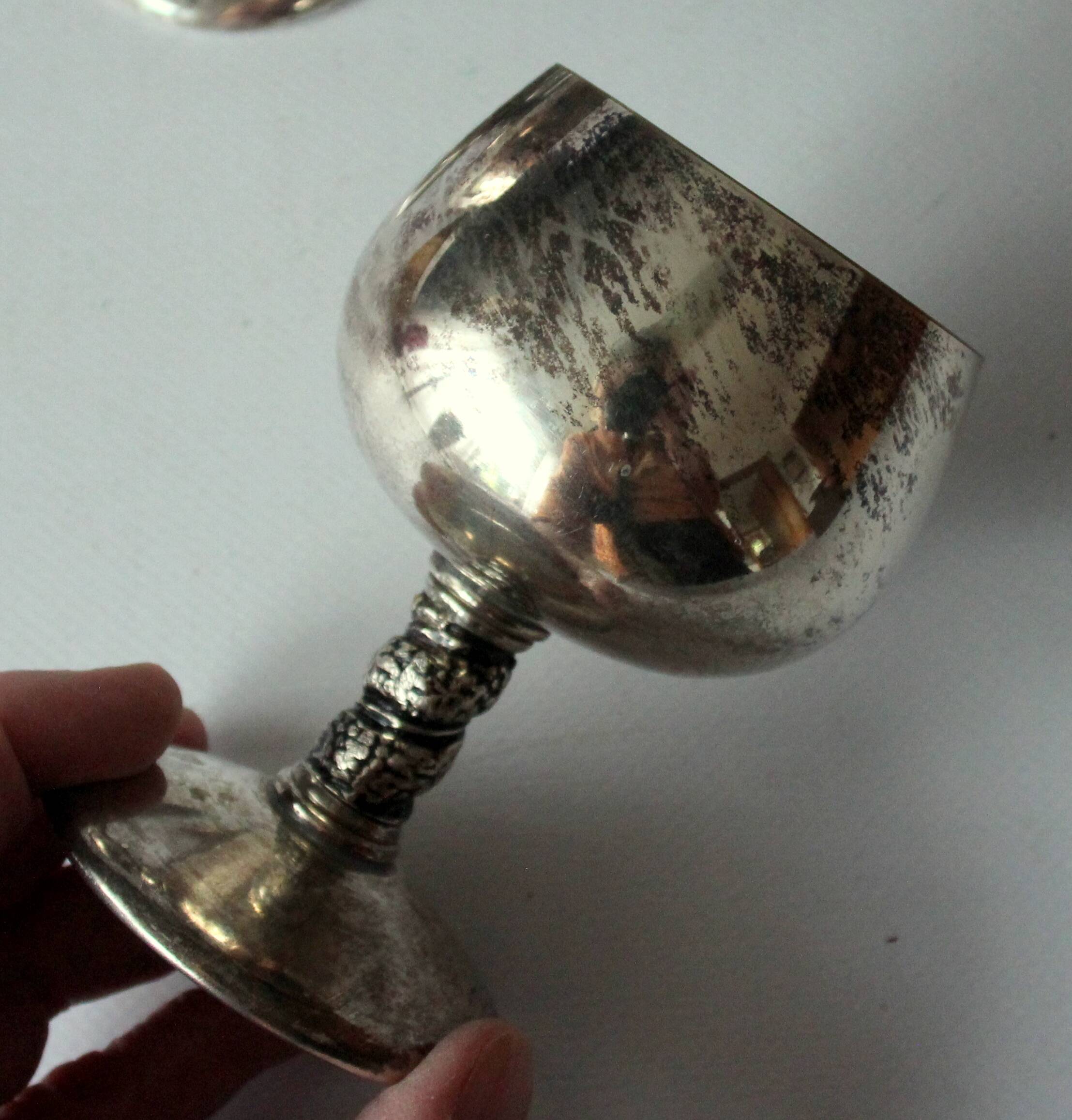 6 Art Deco wine or sherry glasses made of electro silver plated brass