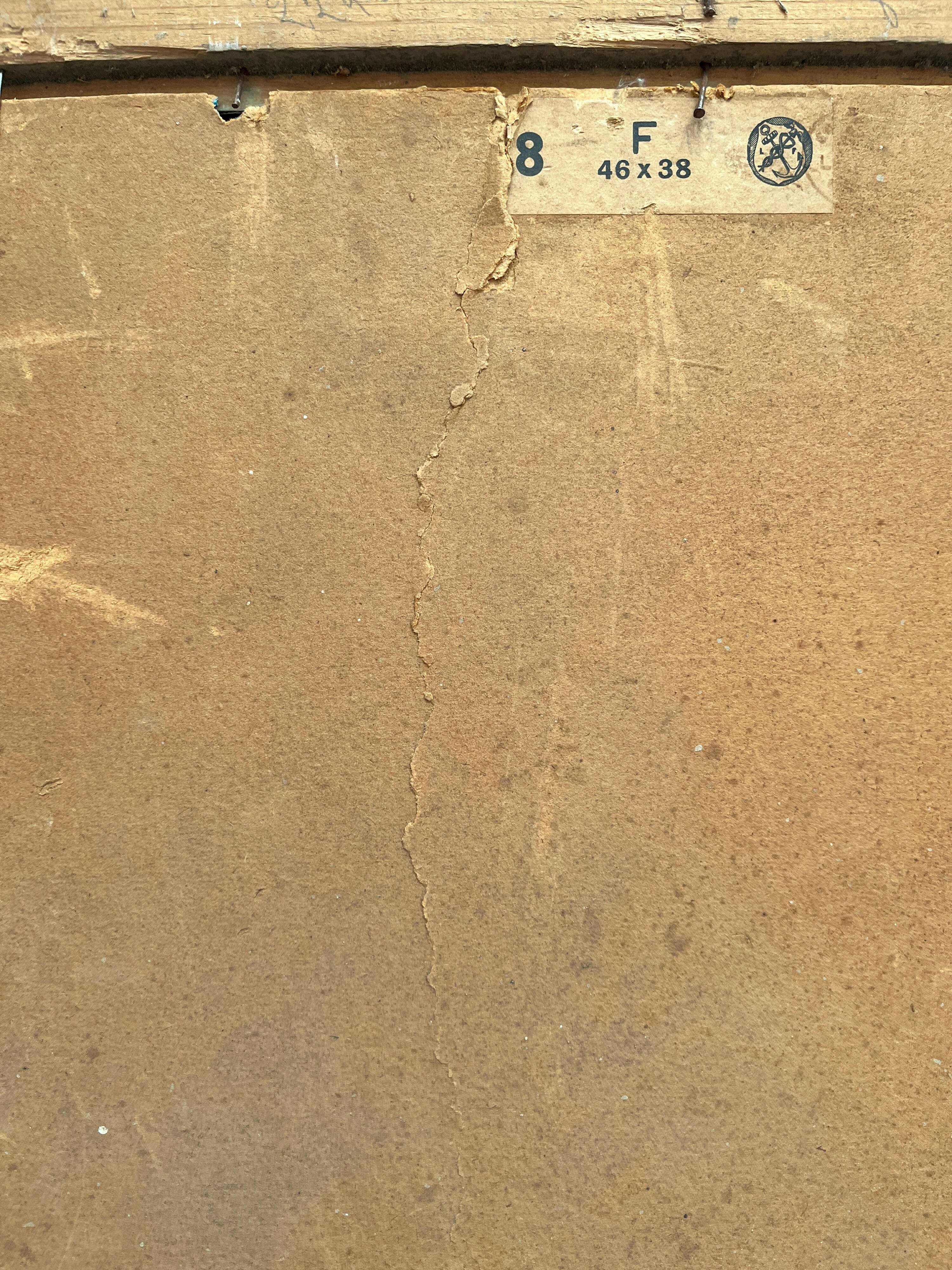 Antique painting, oil on cardboard depicting a landscape