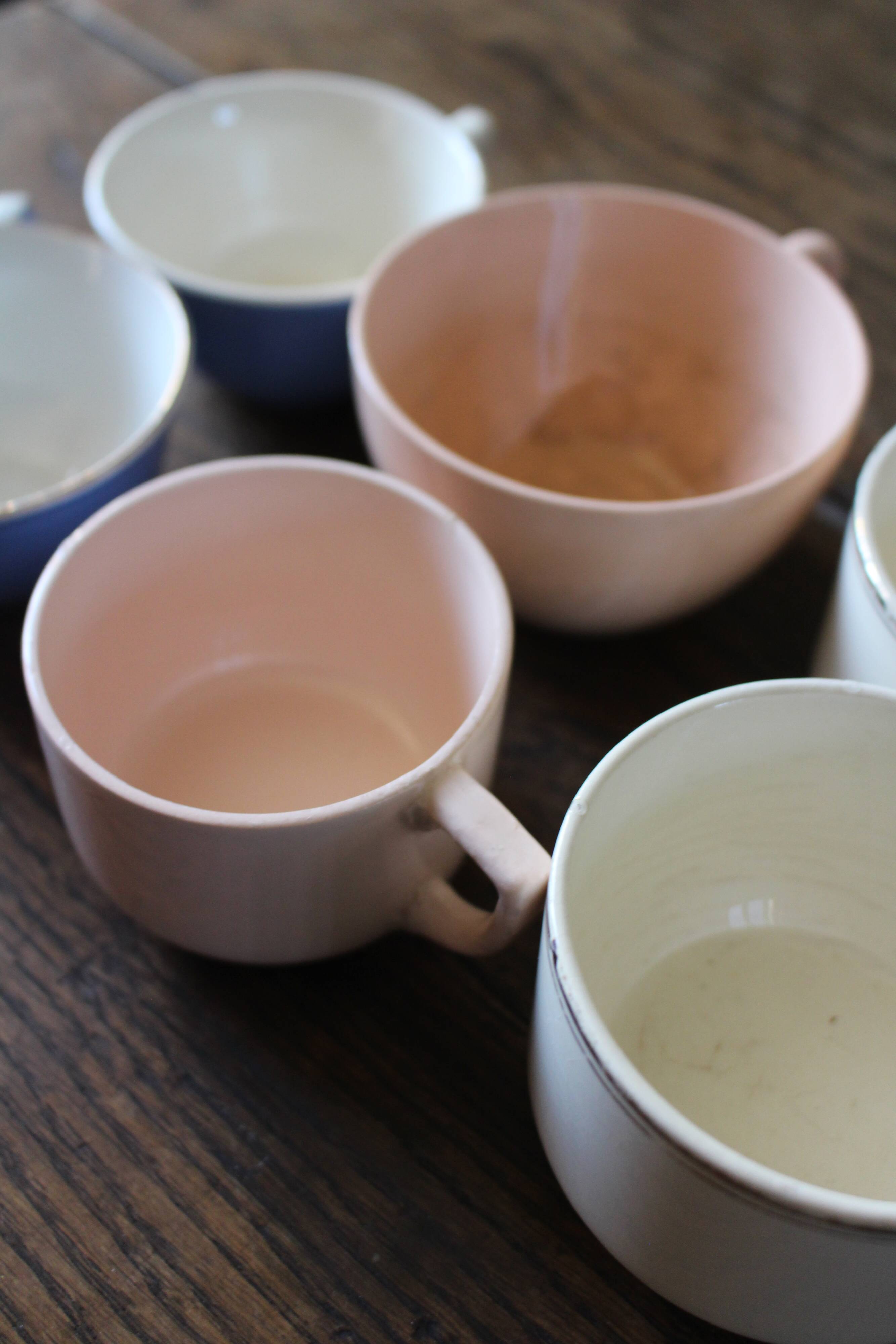 A set of 6 pink, blue, and cream cups from Digoin Céranord Villeroy Art Deco.