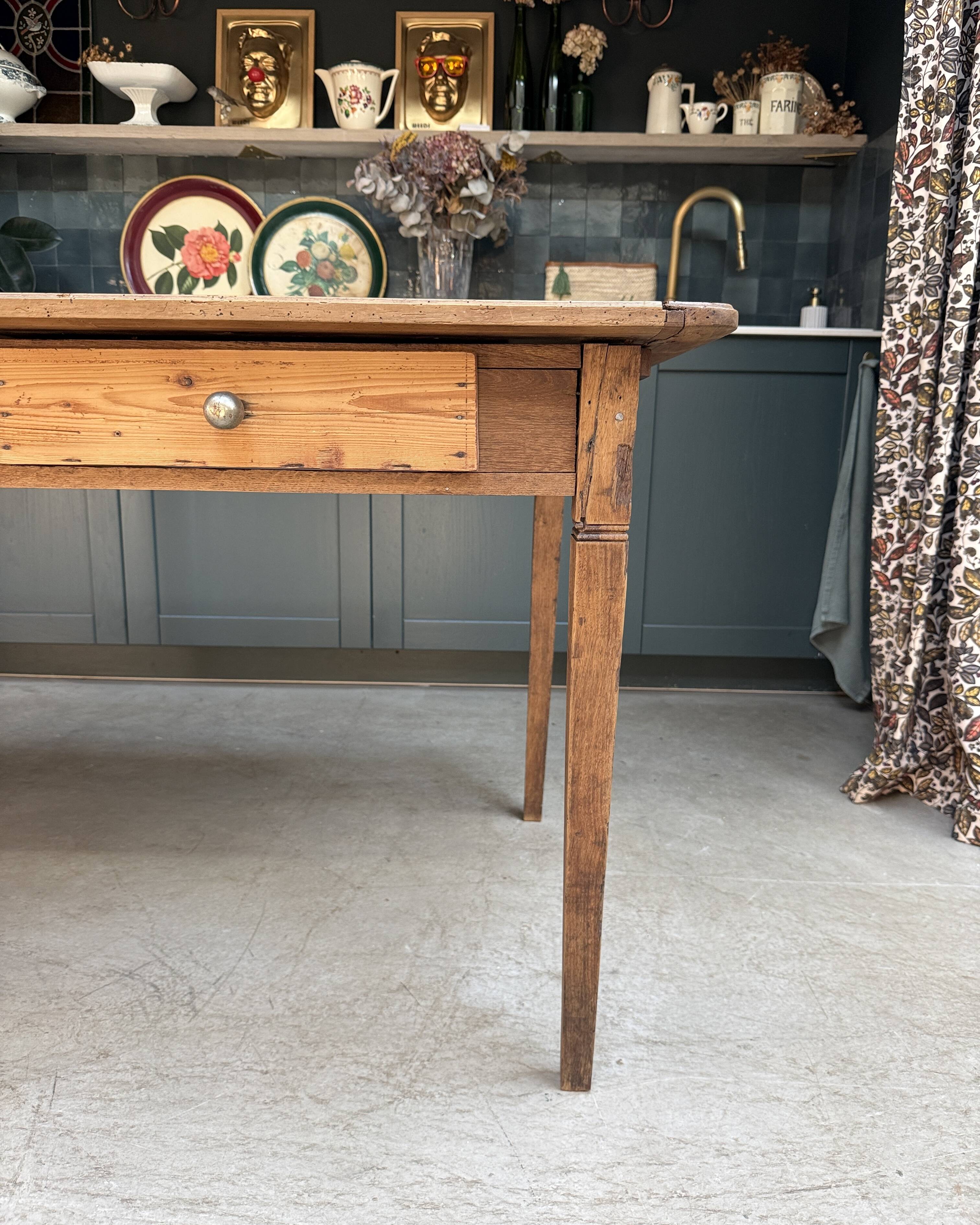 Renovated oak and walnut farmhouse table.