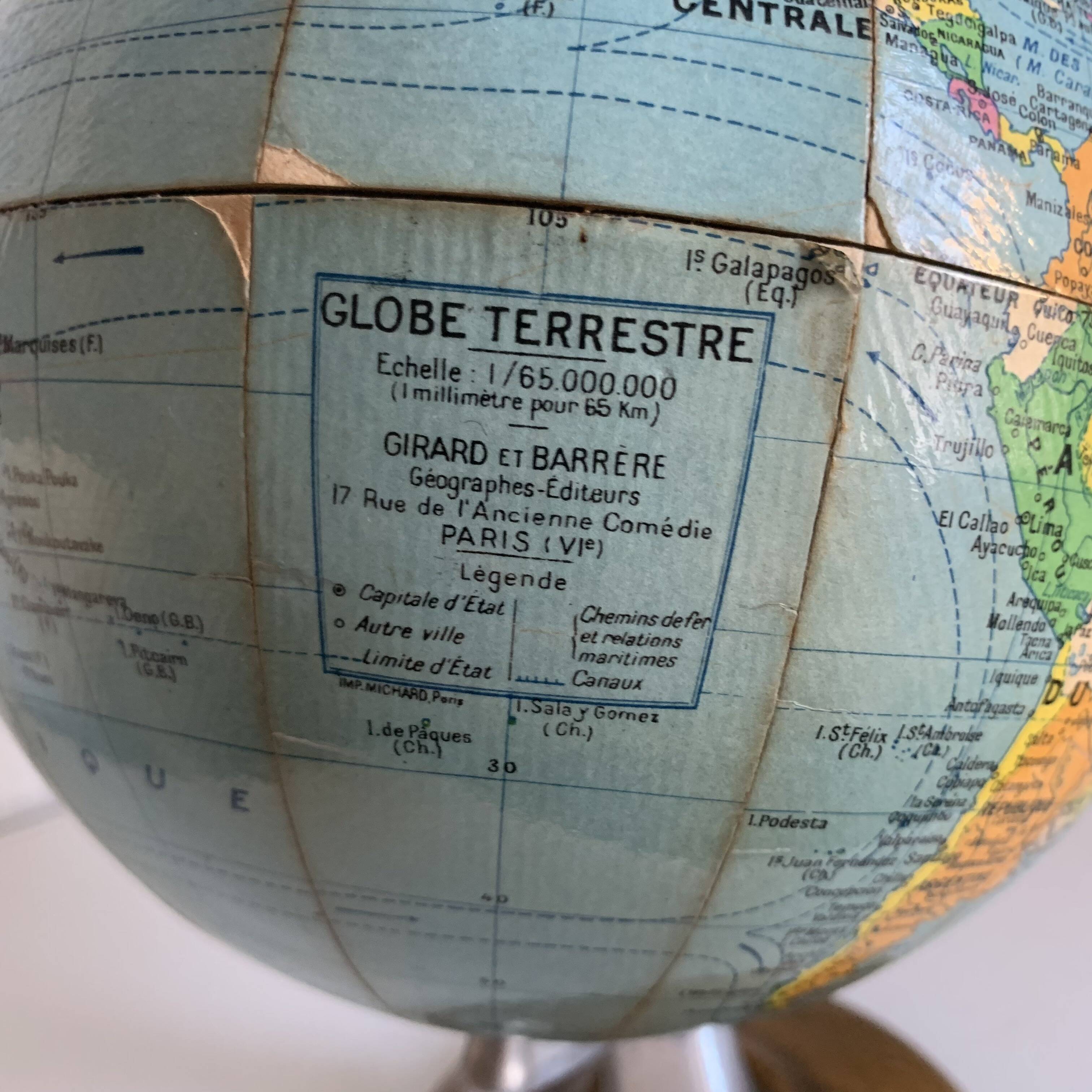 Globe terrestre vintage 1960 Girard et Barrère bois mappemonde - 29 cm