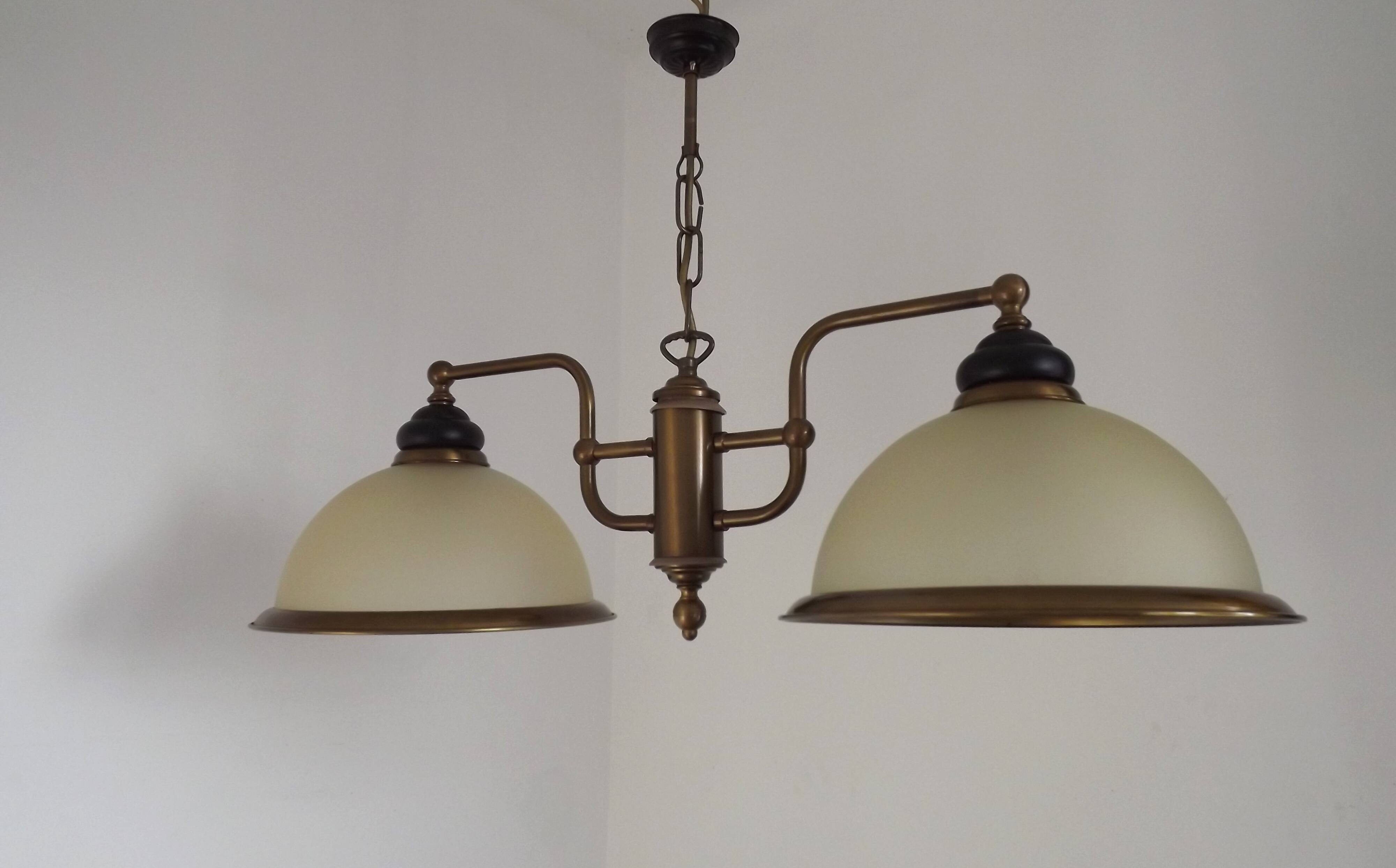 French Mid Century Bronze Effect Metal Double Billiard Light Glass Shades