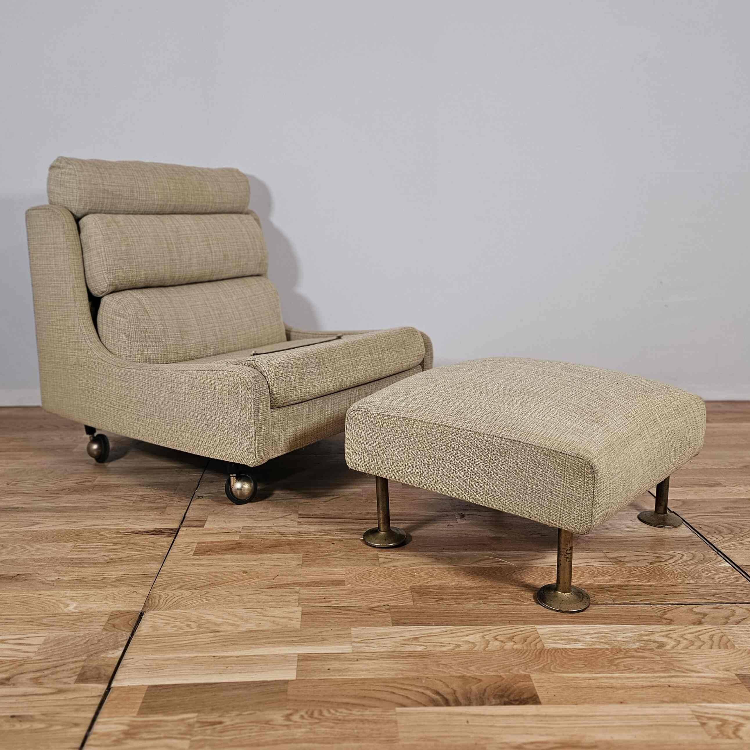 Steiner-Paris, green cloth armchair and ottoman, circa 1950/1960