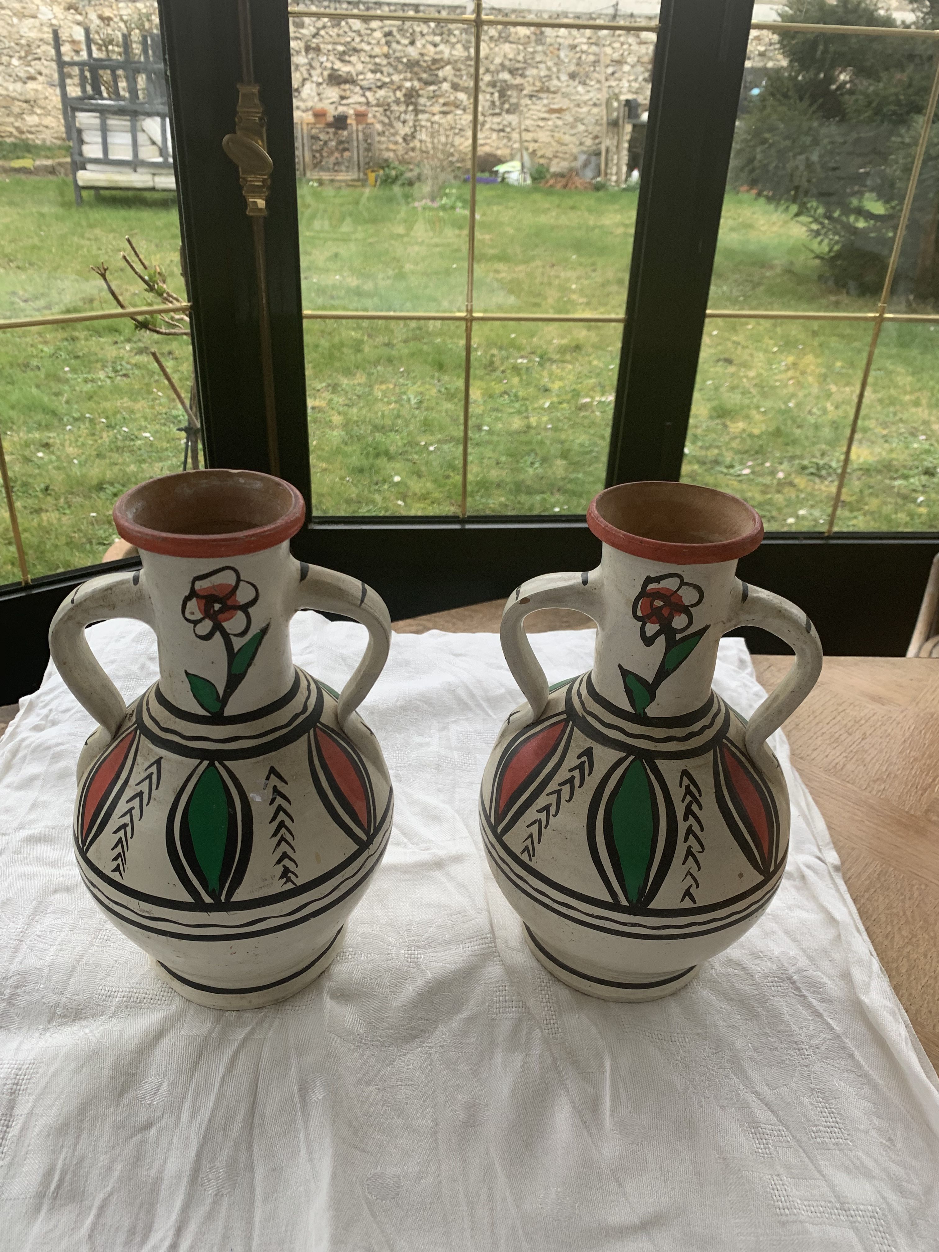 Pair of amphora vase, vintage artisanal and oriental pottery