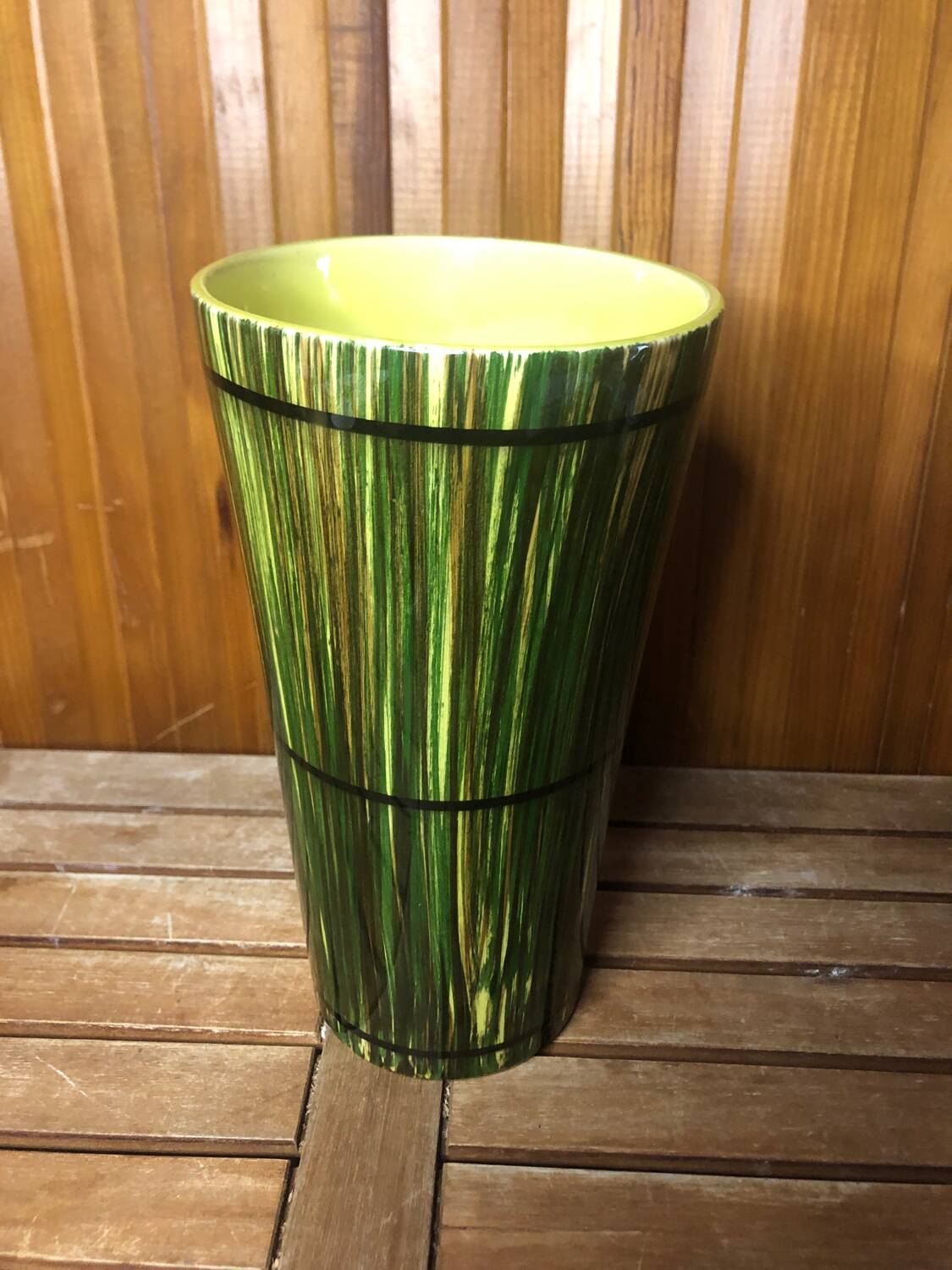 Old vase st clément france green & yellow ceramic vintage #a392