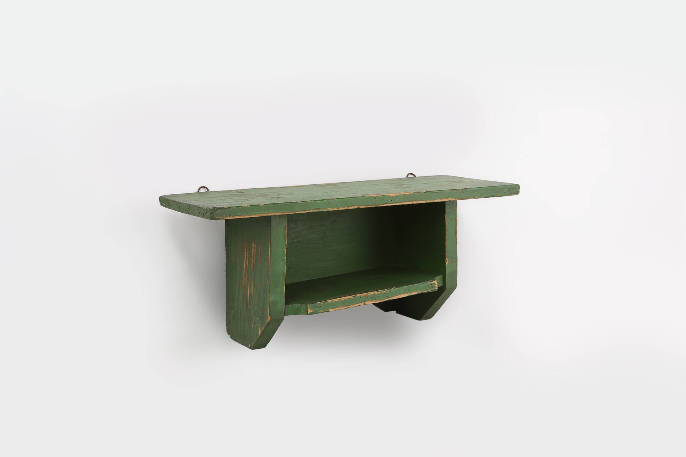 Rustic small green wooden wall unit with 2 shelfs, France ca. 1880