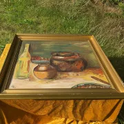 Peinture à l'huile de pot en cuivre de cuisine rustique - 1962