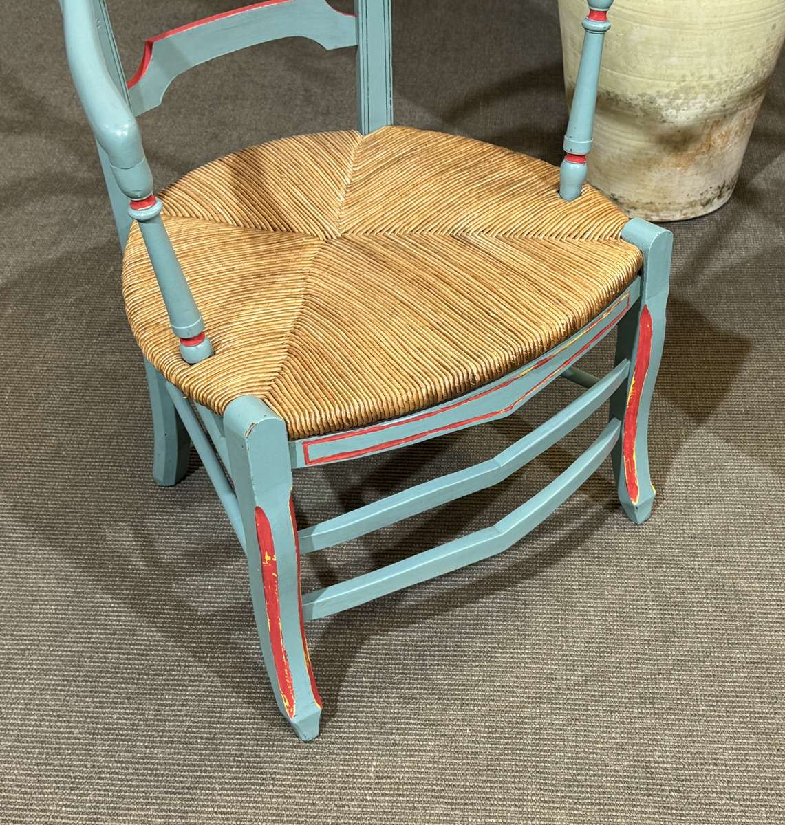 Pair of rustic armchairs in beech with straw seats.