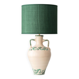 Spanish Revival Ceramic Table Lamp from Granada, New Green Silk Shade
