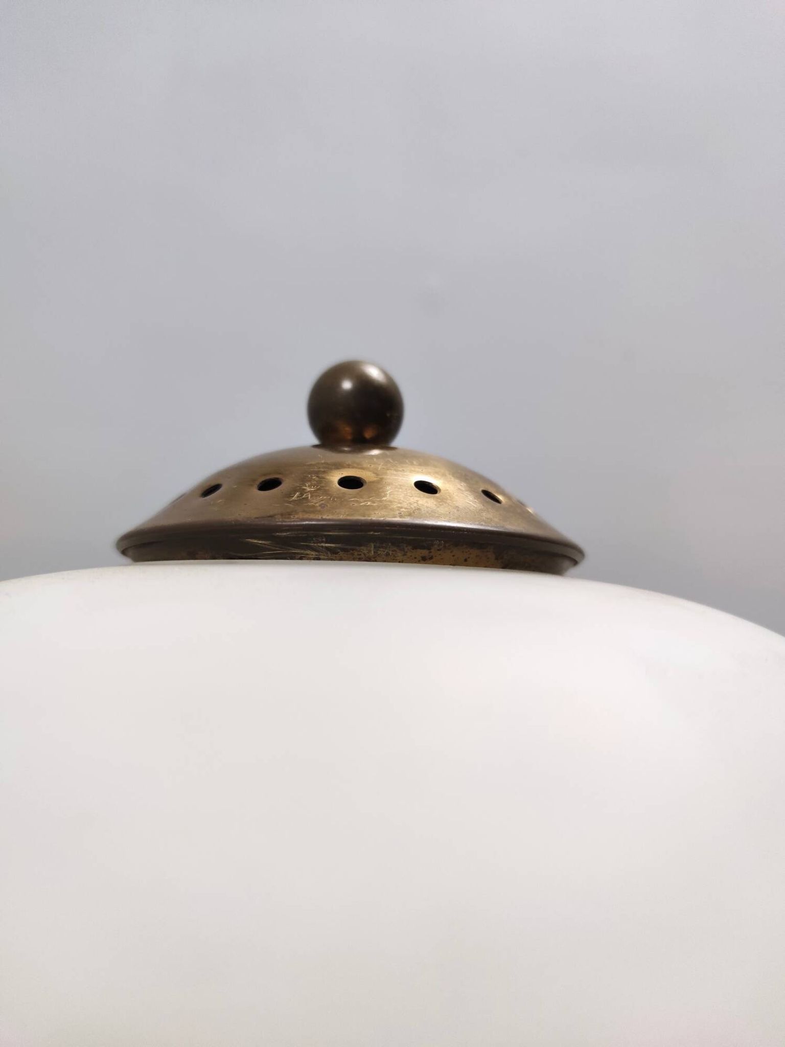 Opaline Glass, Beech and Brass Floor Lamp with Marble Base, Italy