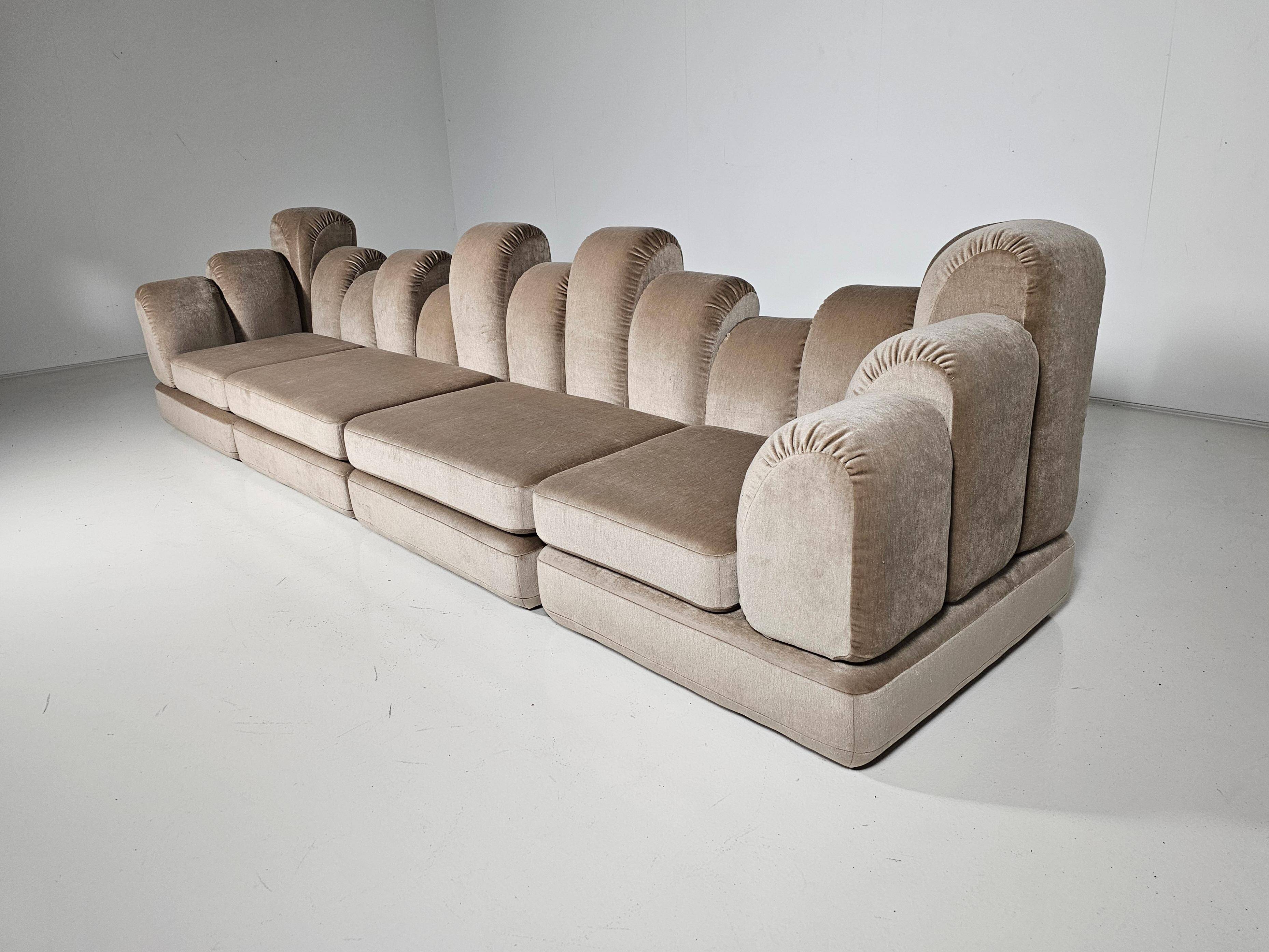 Beige mohair velvet sectional sofa by Hans Hopfer, Roche Bobois.