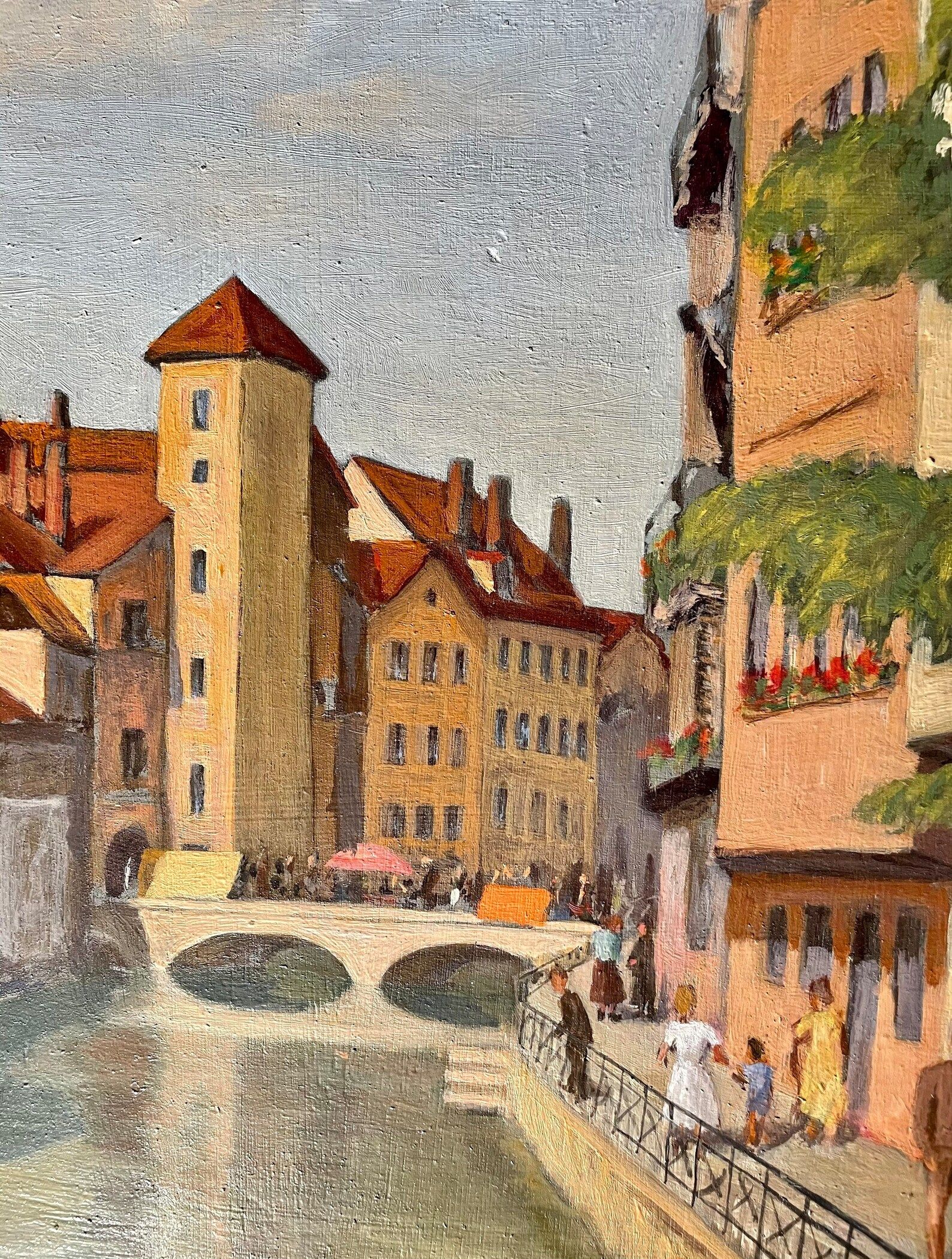 1940s French oil painting on wood. Cityscape