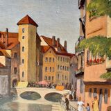 1940s French oil painting on wood. Cityscape