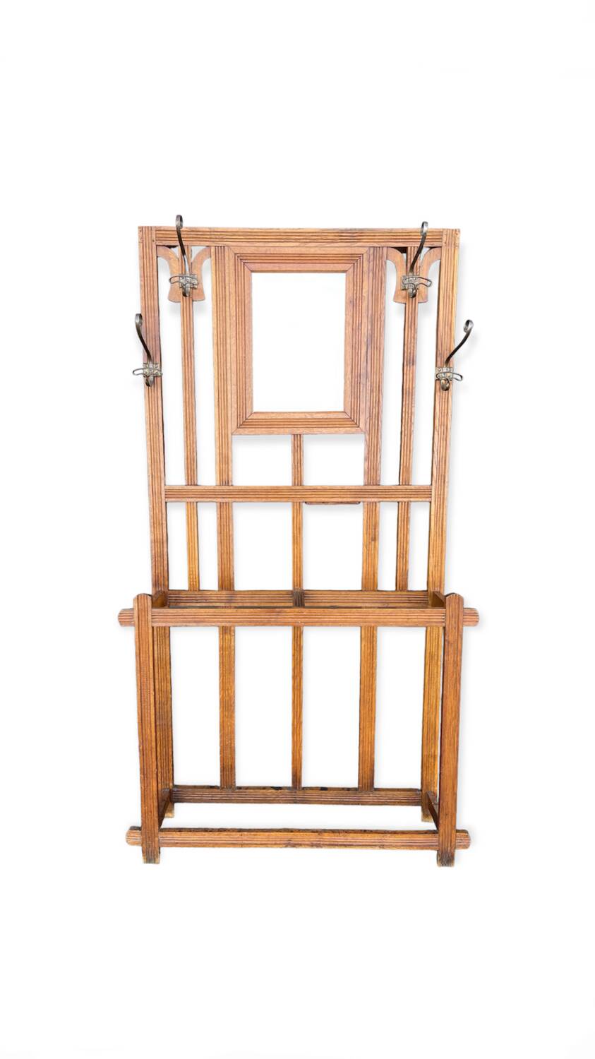 Large clothing rack/bistro mirror coat rack in oak - France 1950