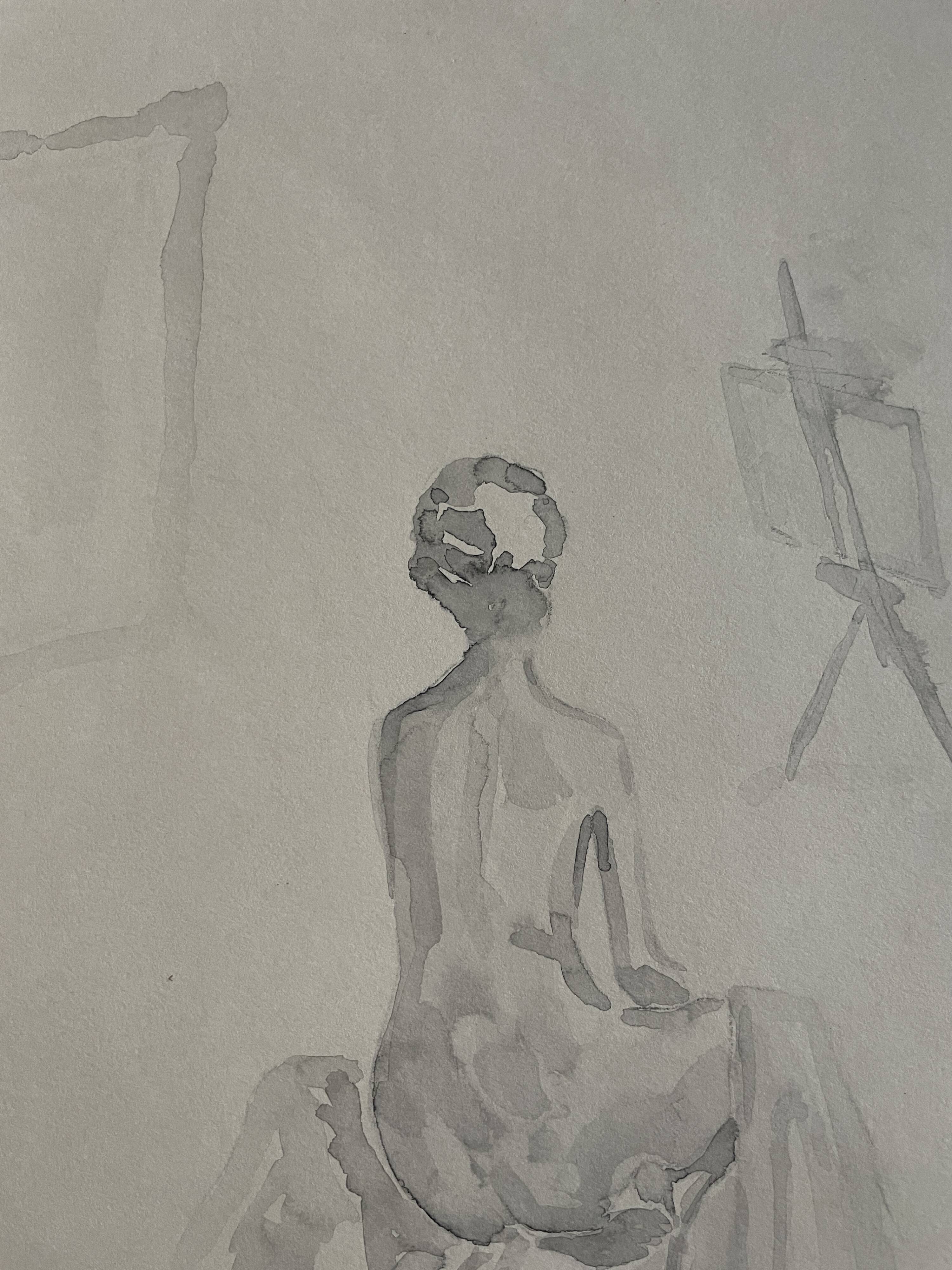 Painting signed monochrome sepia watercolor “female model in the workshop”