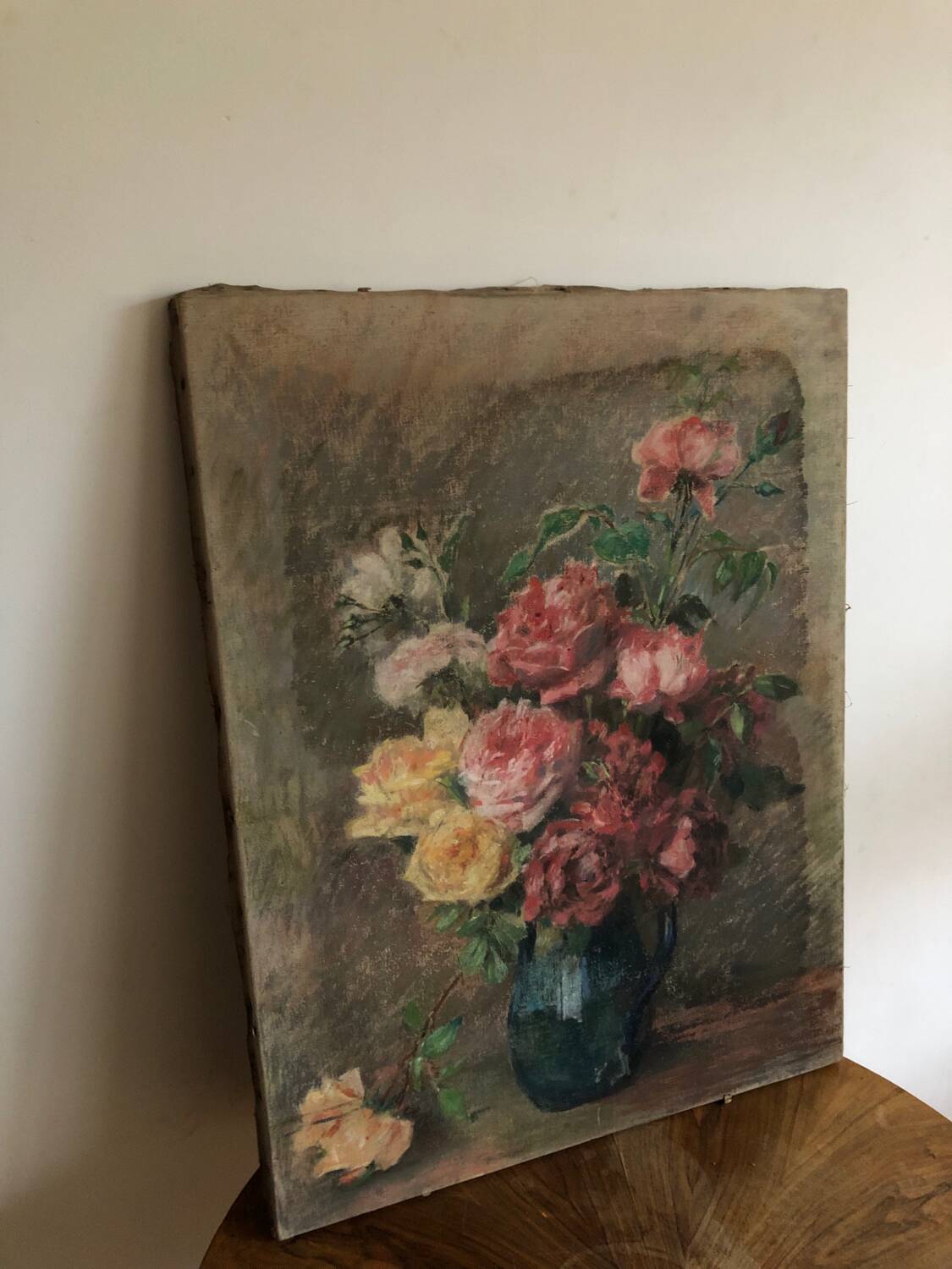 Oil on old canvas Bouquet of roses