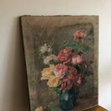 Oil on old canvas Bouquet of roses