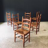 Low rustic ladder back dining chairs in oak and rush, Belgium, 1950s, set of 6.