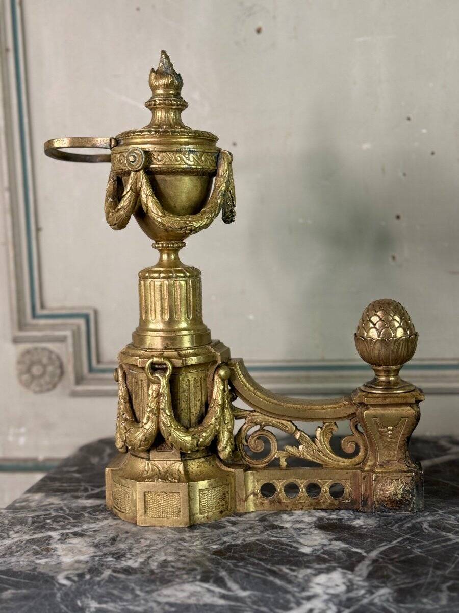 Pair of Louis XVI Style Gilt Bronze Andirons, 19th Century