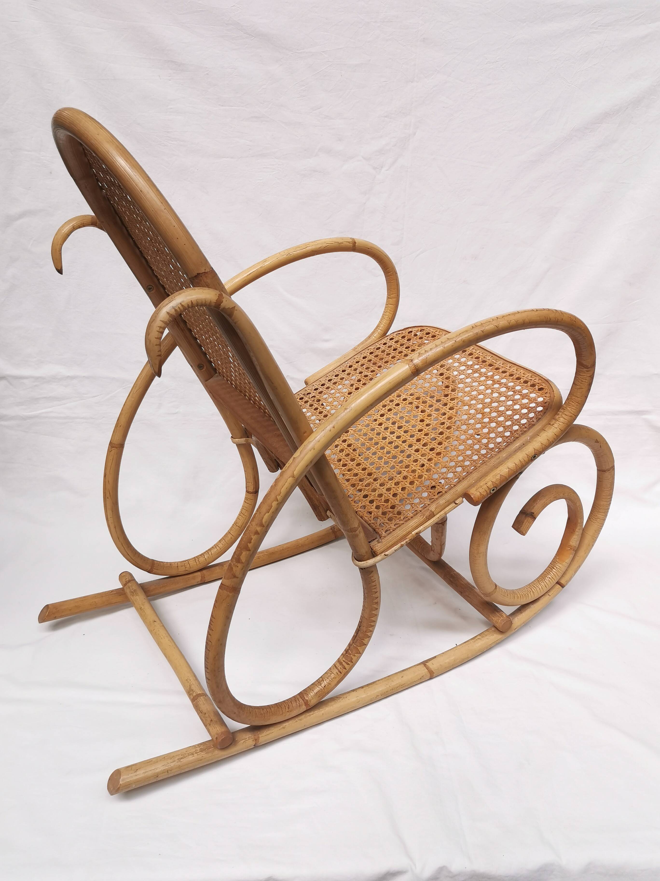 Vintage rocking chair child in rattan, canework