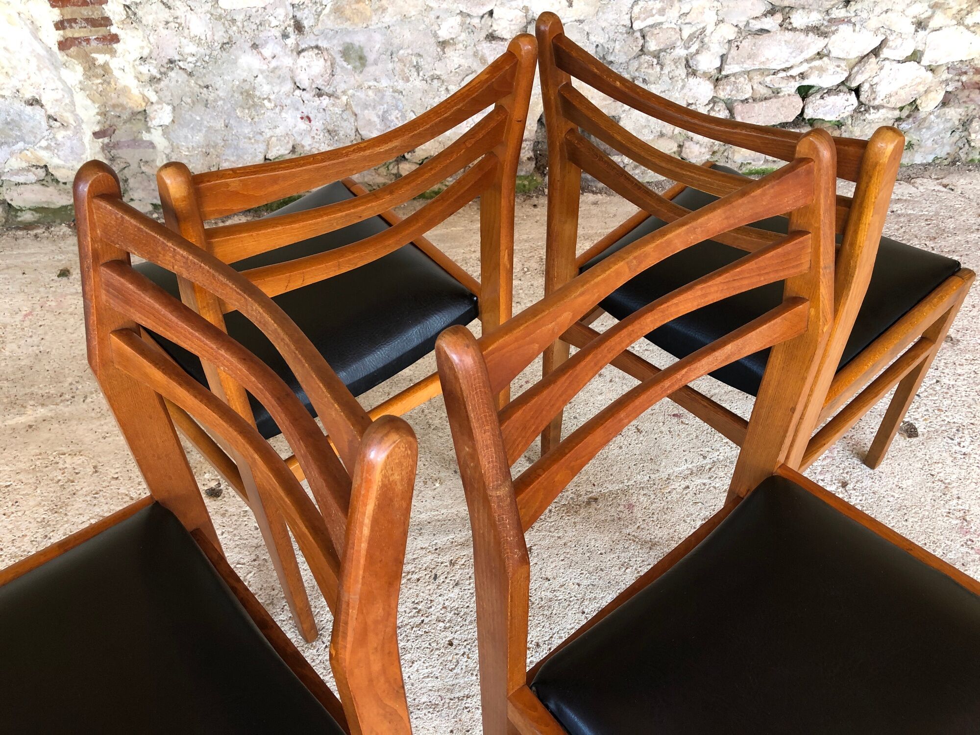 Set of 4 scandinavian chairs in blond teak and black skai 60s
