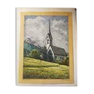 Aquarelle Et China Motiven Vigo Di Fassa Signé E.Baldwin 1955