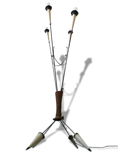 Lampadaire quafripode en corde et plastique années 50 vintage rockabilly floor lamp