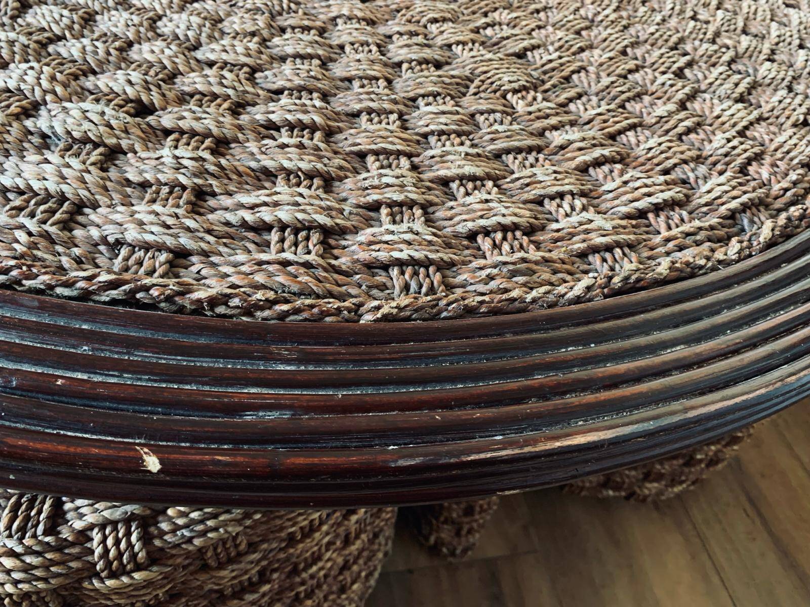 Vintage woven rope and rattan coffee table with 4 stools