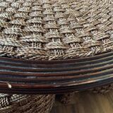 Vintage woven rope and rattan coffee table with 4 stools