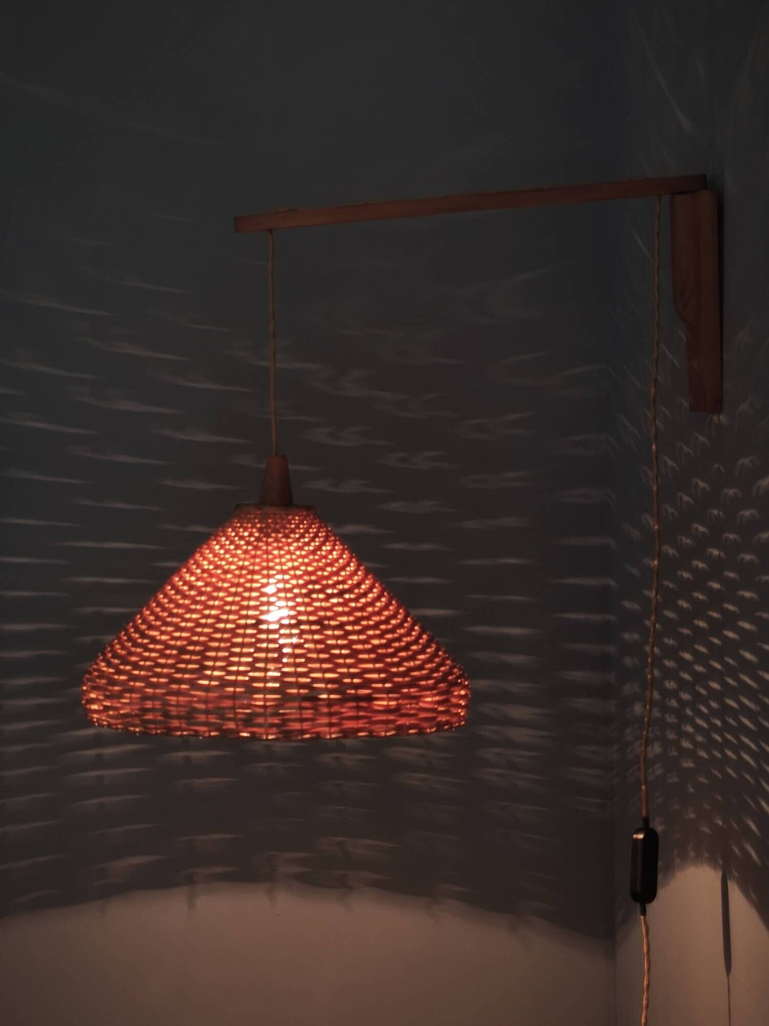Czechoslovak Rattan and Wood Swing Arm Wall Lamp, 1960s