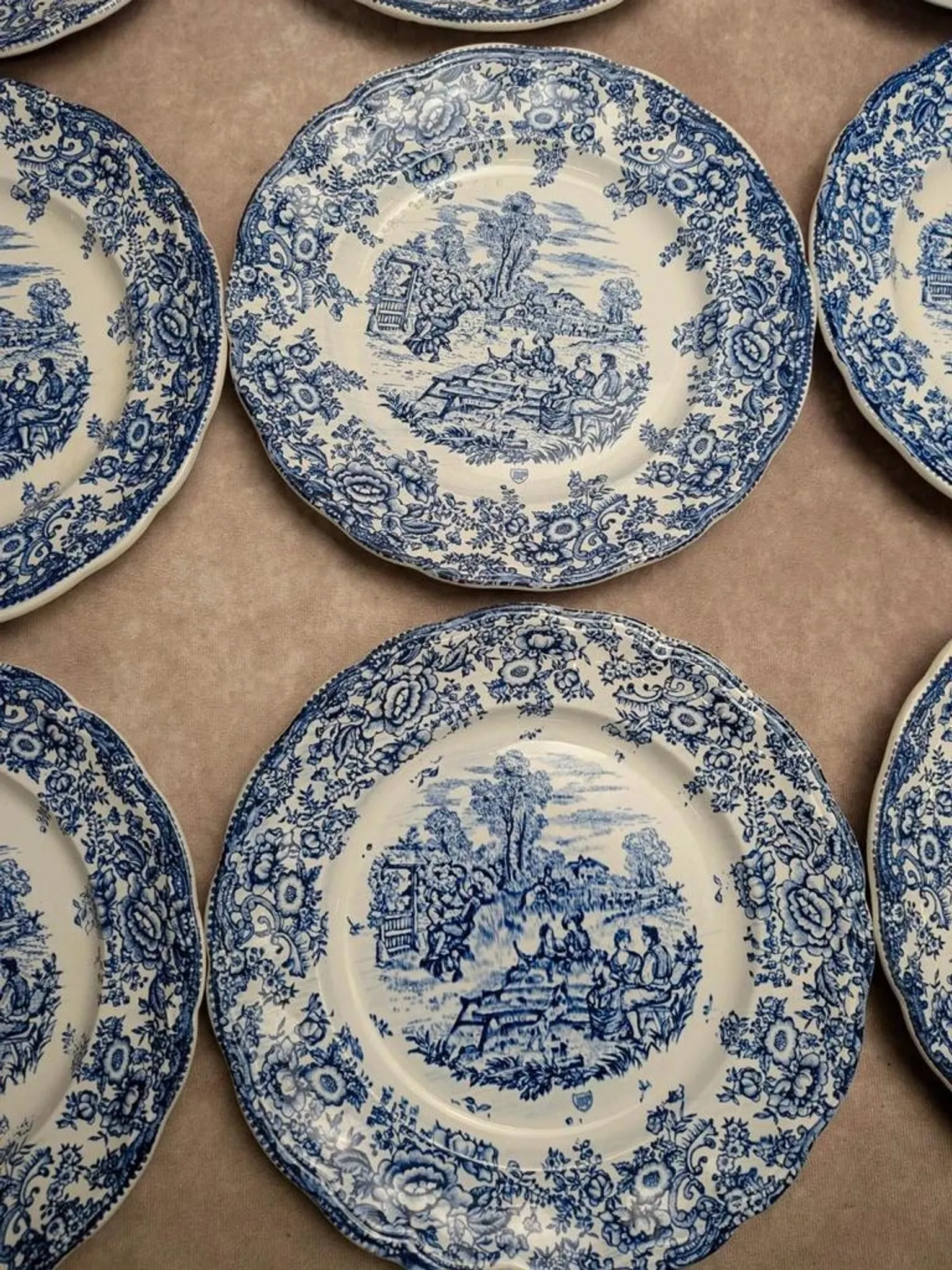 Set of 12 flat plates Terre de fer BP – Blue toile de Jouy pattern