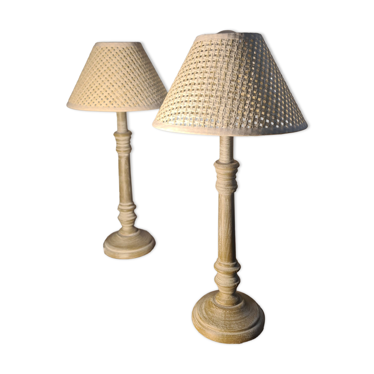 Paire de lampes bois  classic  abat jour osier 44x20 elec ok tres bon etat