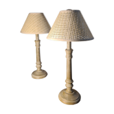 Pair of classic wooden lamps with wicker shades 44x20 electric working very good condition.