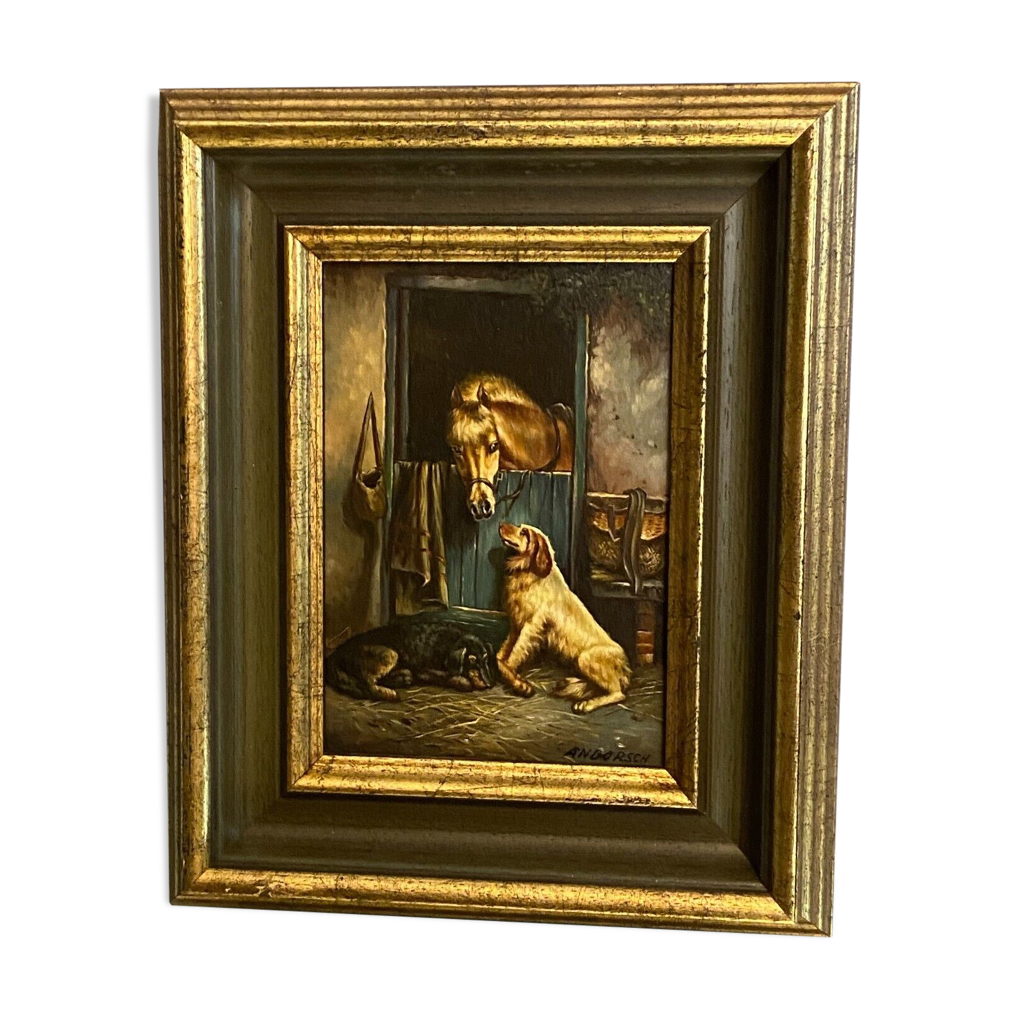 Painting signed Andorsch oil on panel with dogs and horse