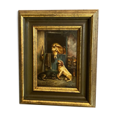 Painting signed Andorsch oil on panel with dogs and horse