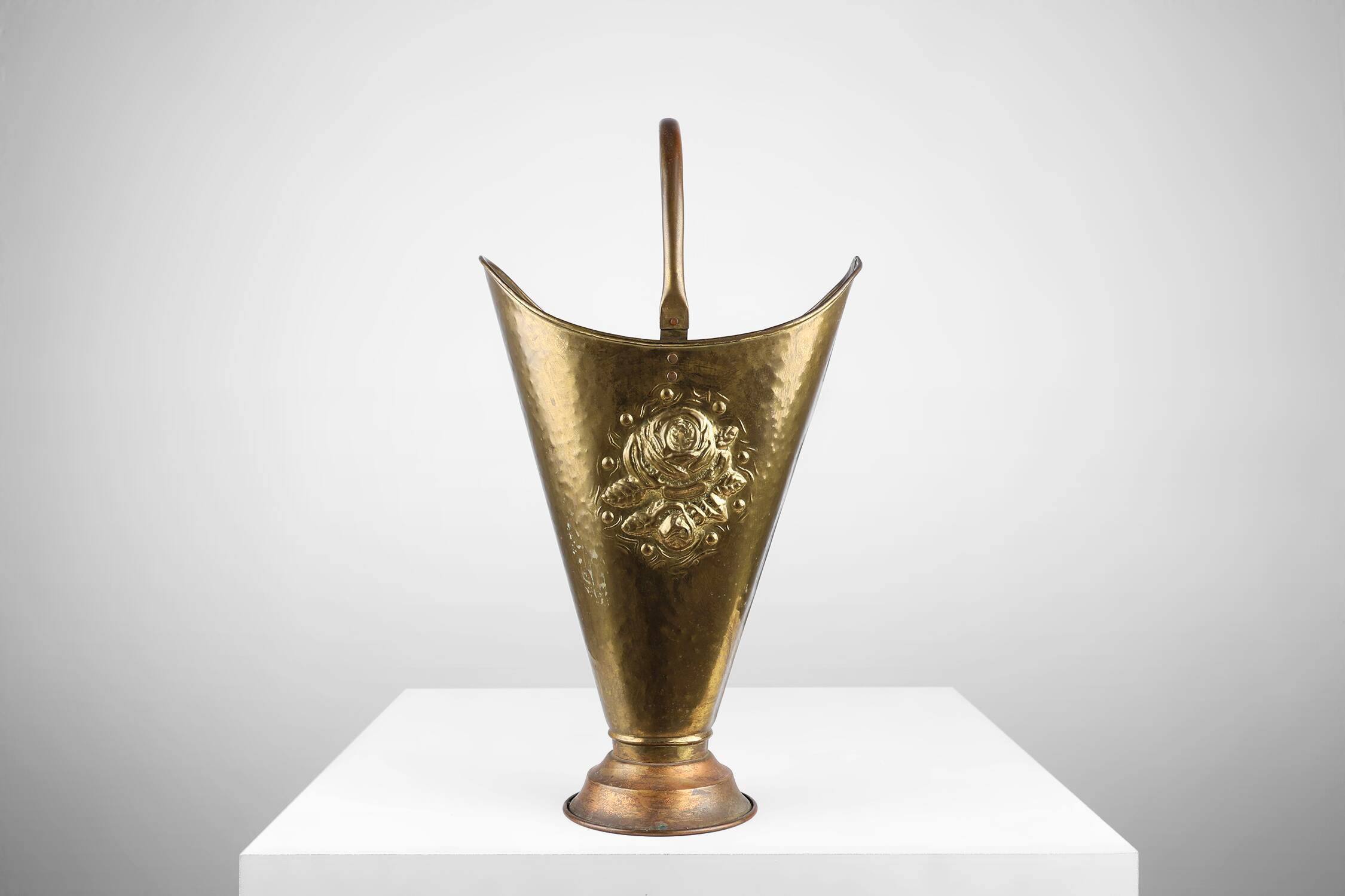 French vintage rustic brass and copper base umbrella stand with embossed decoration