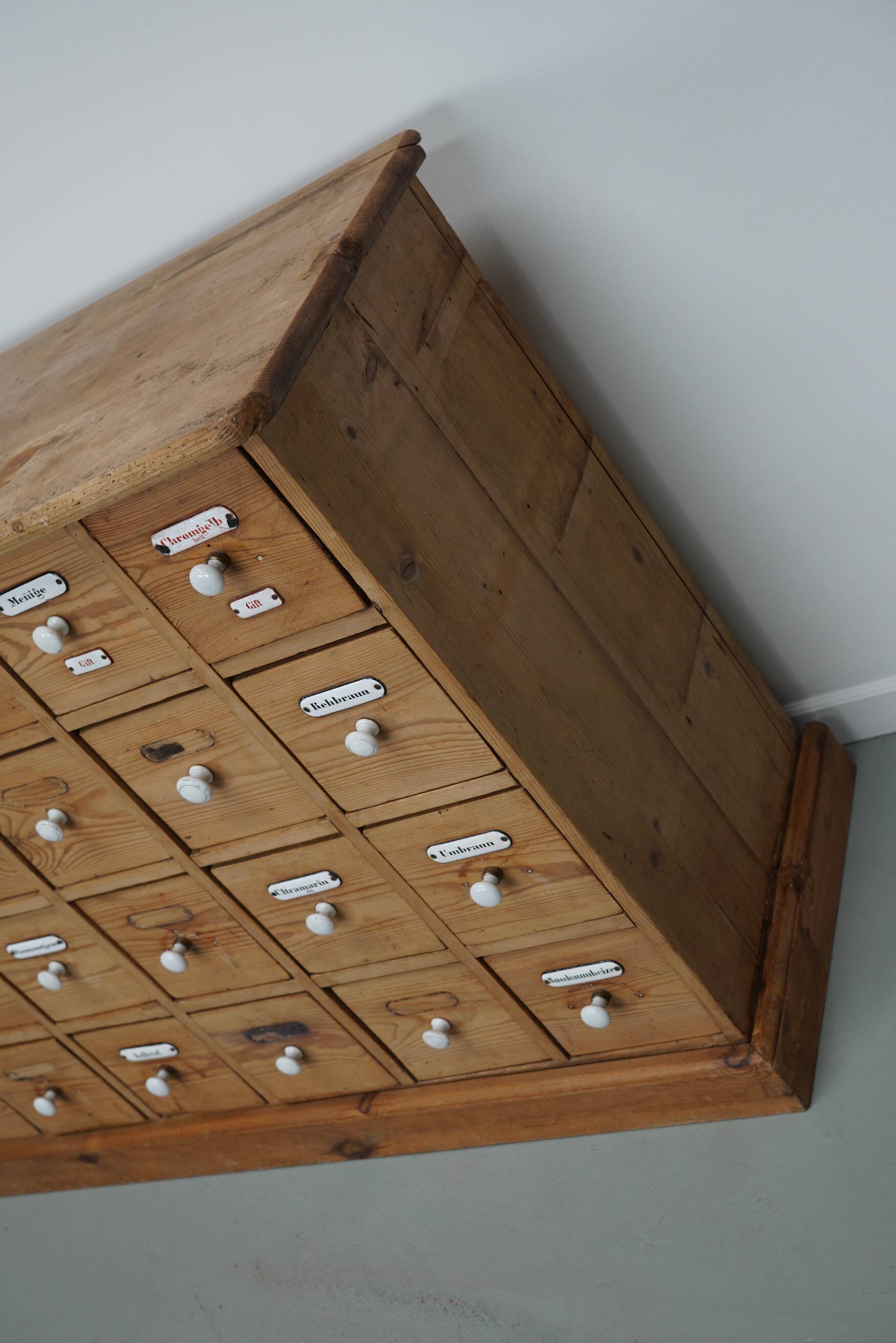 Antique German Pine Apothecary Cabinet with Enamel Shields, 1900s