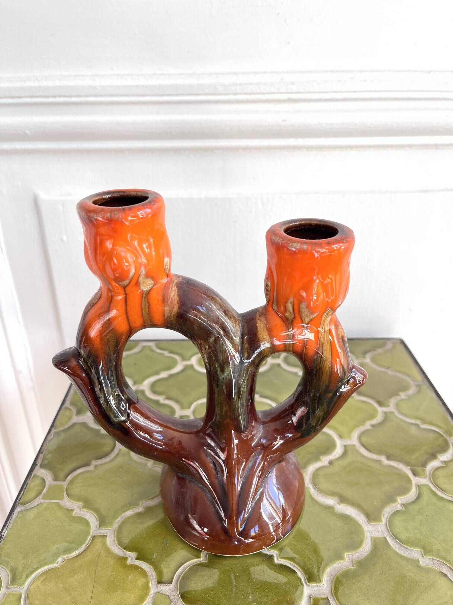 1960s ceramic two-branch candlestick chandelier
