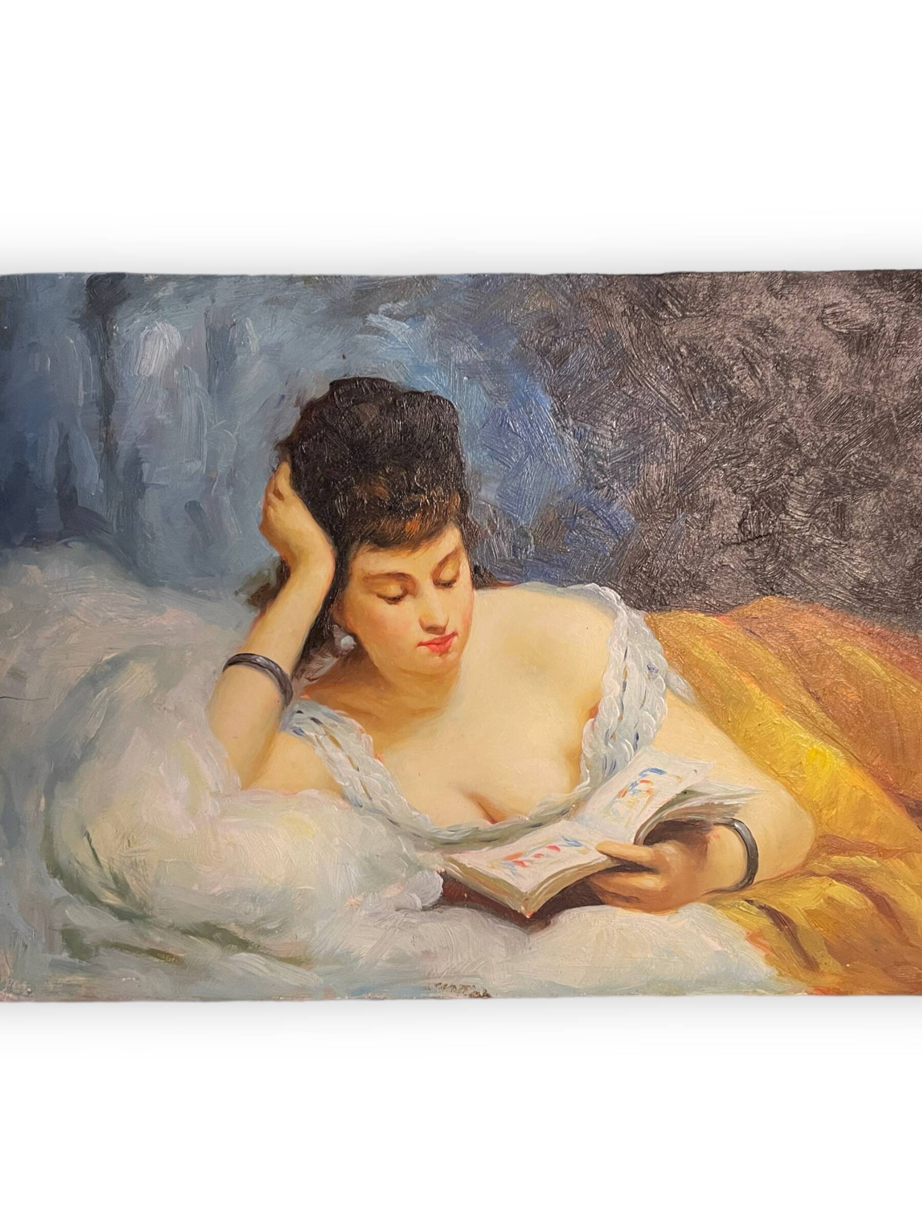 Young woman lying reading oil on panel