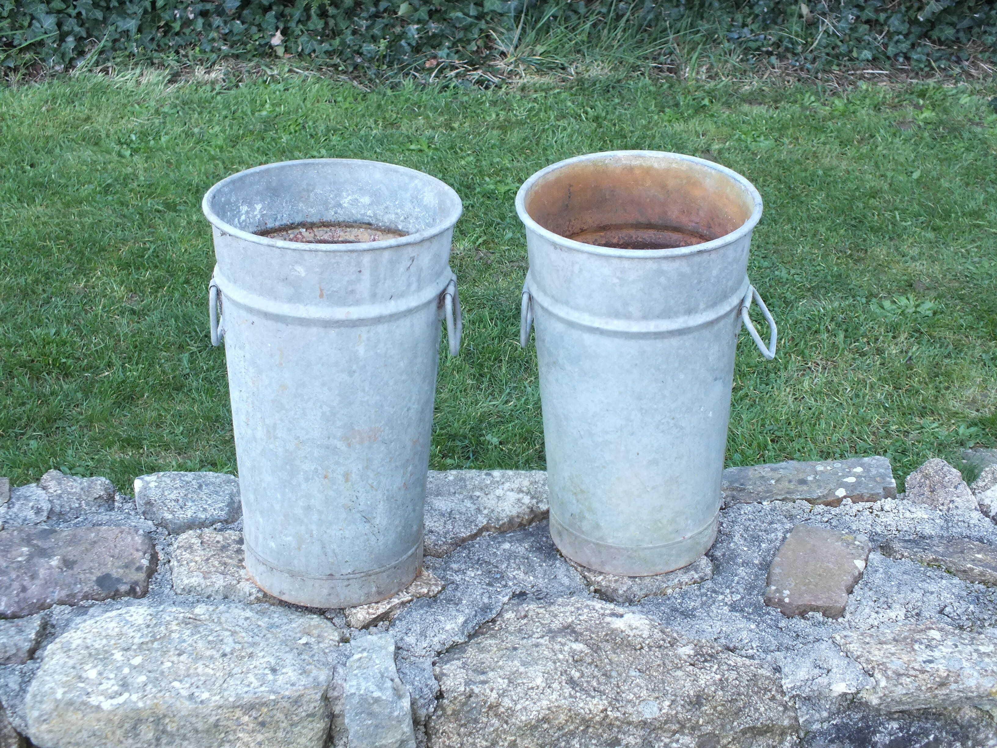 Pair of old galvanized florist pots for the garden