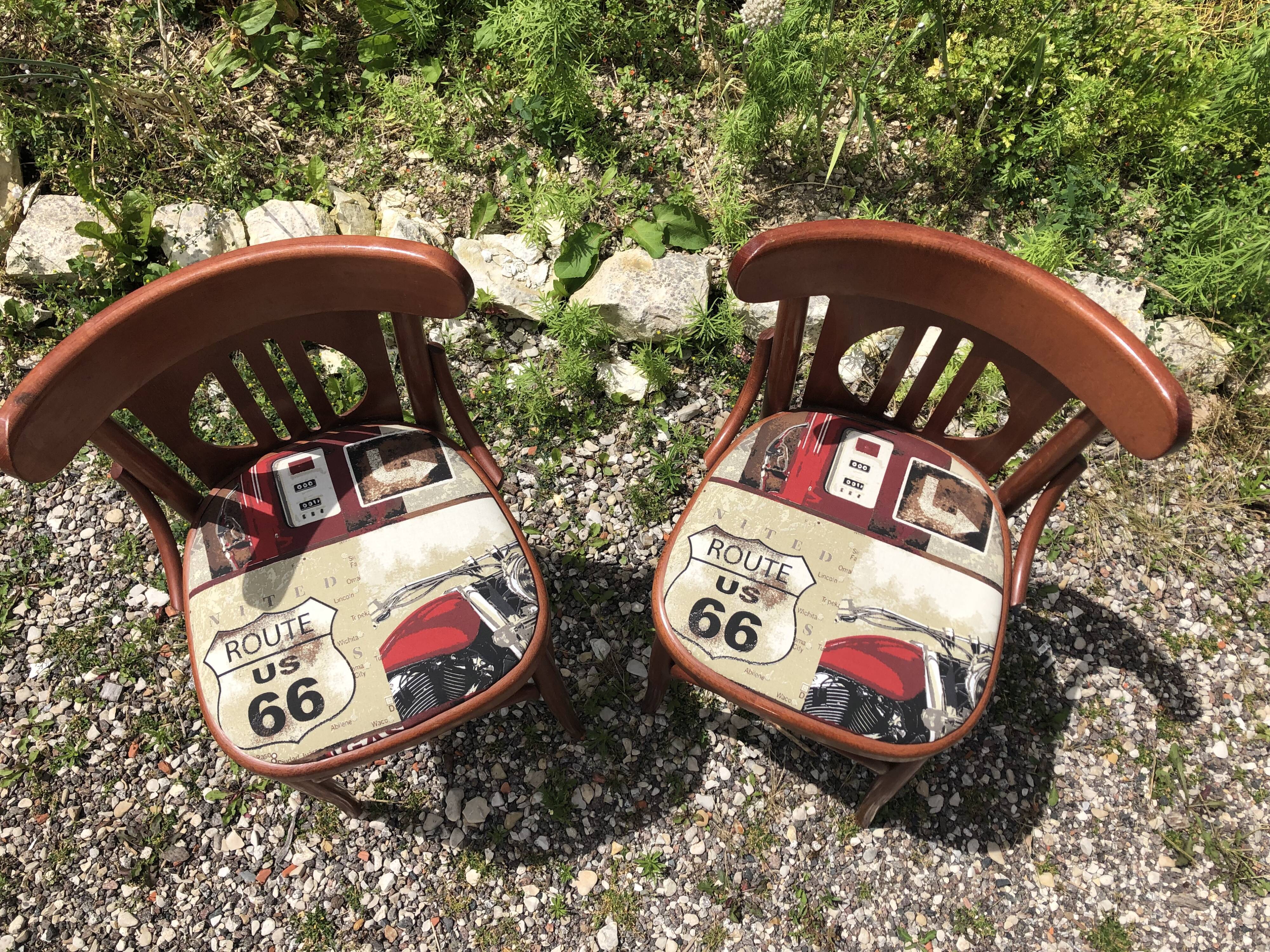 Pair of vintage bentwood chair + route 66 fabric seat