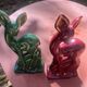 Pair of Art Deco deer by Charles Lemanceau in red and green ceramic.