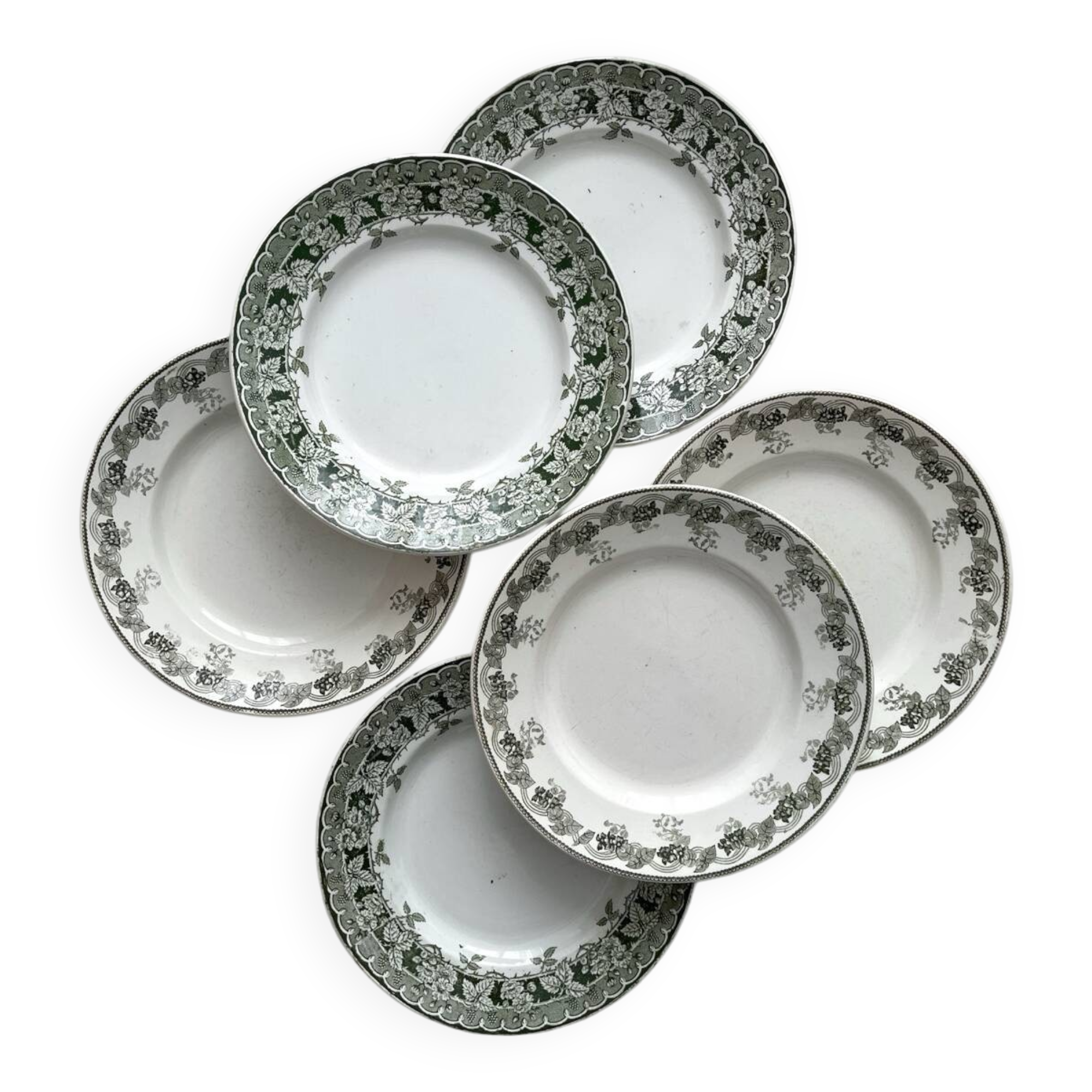 6 mismatched ironstone flat plates Murier Violetta