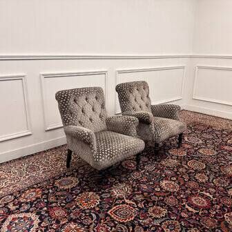 Set of Chesterfield armchairs velvet pattern grey