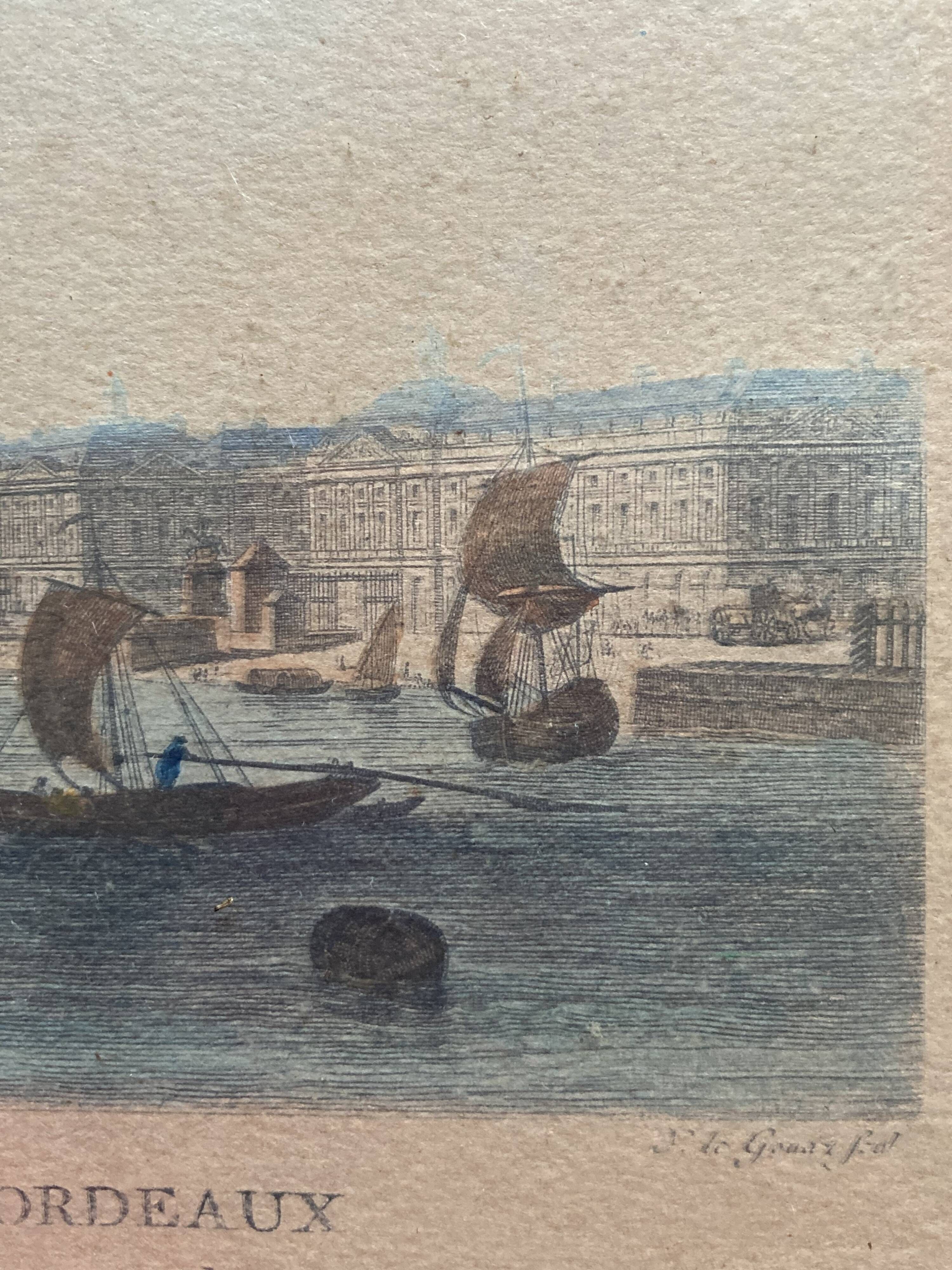 Framed antique engraving of the port of Bordeaux