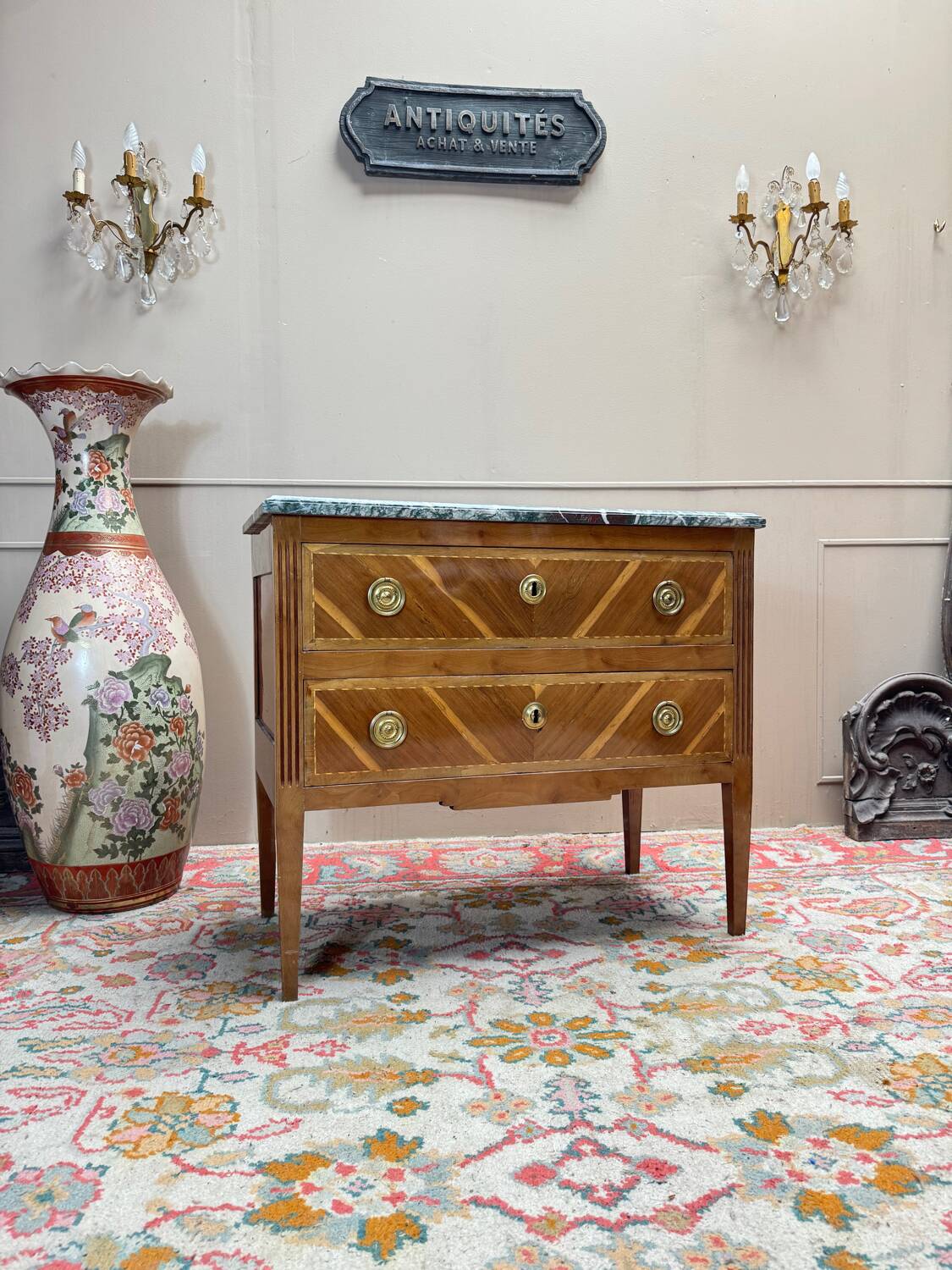 Louis XVI style commode in natural wood and marquetry, 19th century