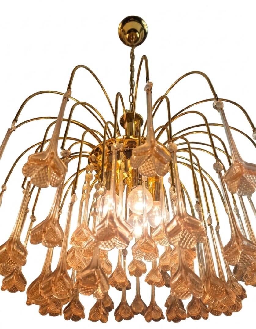 Vintage chandelier rain gold with handmade Murano glass pink flowers.