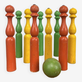 Old multicolored wooden bowling game